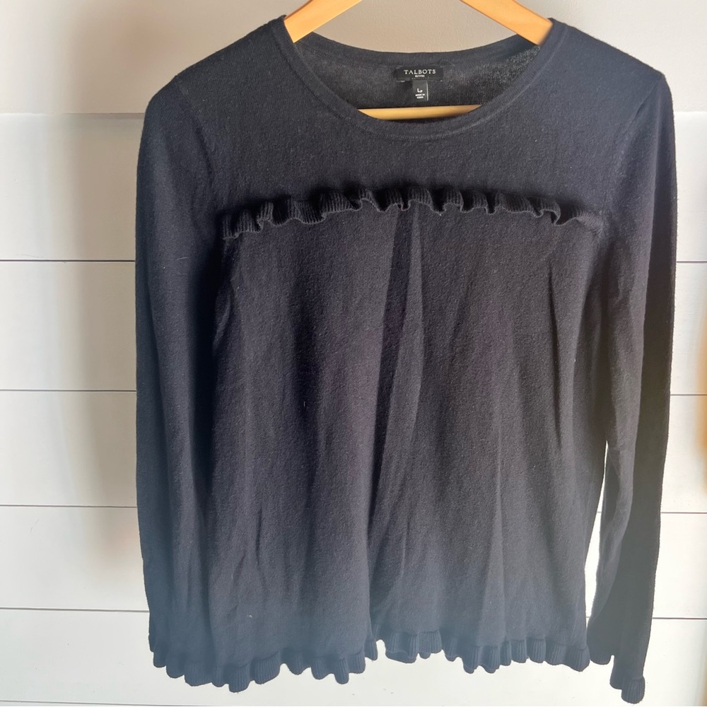 Talbots Petites Women’s Black Long Sleeve Ruffle Cotton Cashmere Top Size Large